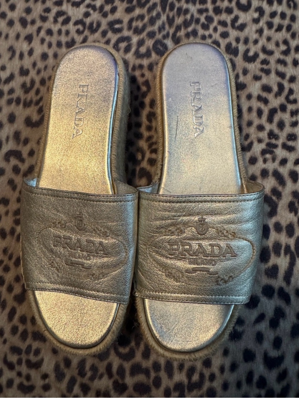 Prada Slide Sandals in Gold and Cream - Picture 2 of 9